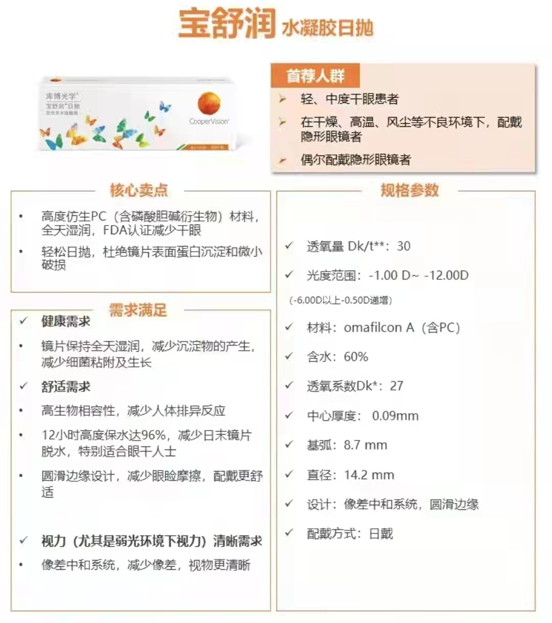 【高度保湿 干眼症也可佩戴】库博宝舒润日抛  30片 （到1200度）